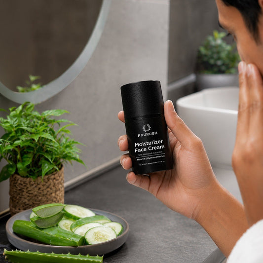 Man applying PAURUSH moisturizer face cream — lightweight daily hydration