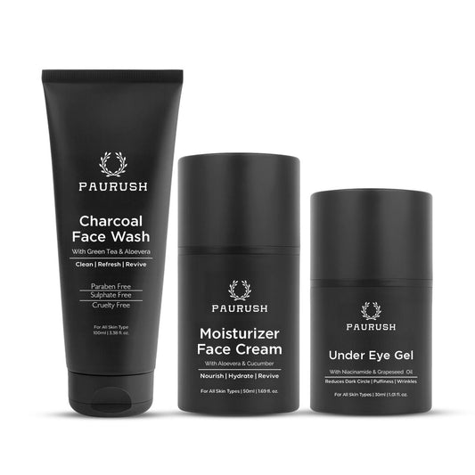 PAURUSH Complete Routine — charcoal face wash, moisturizer and under eye gel for men