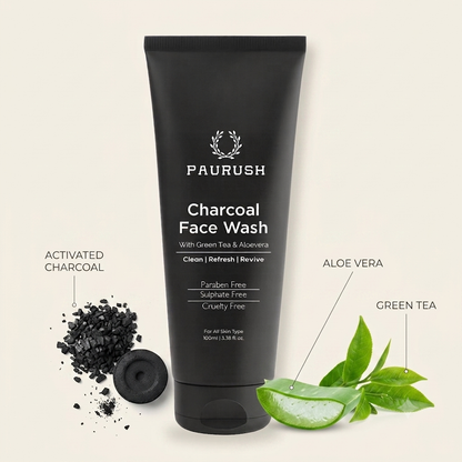 PAURUSH Charcoal Face Wash with activated charcoal, aloe vera, and green tea.
